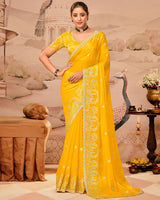 Sunrise Yellow Designer Fancy Satin Saree With Zari Embroidery-Diamond Work And Cut Work Border