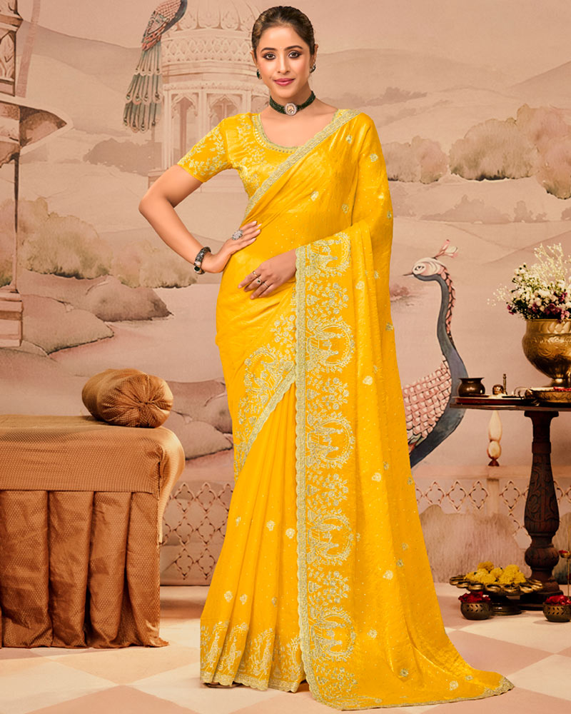 Sunrise Yellow Designer Fancy Satin Saree With Zari Embroidery-Diamond Work And Cut Work Border