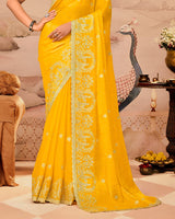 Sunrise Yellow Designer Fancy Satin Saree With Zari Embroidery-Diamond Work And Cut Work Border