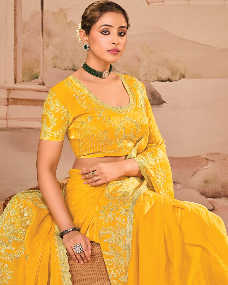 Sunrise Yellow Designer Fancy Satin Saree With Zari Embroidery-Diamond Work And Cut Work Border