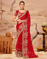 Crimson Red Designer Fancy Satin Saree With Zari Embroidery-Diamond Work And Cut Work Border