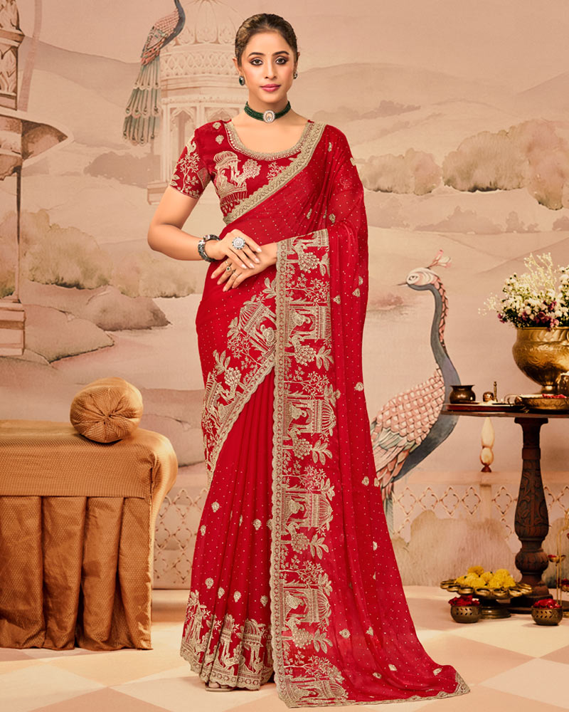 Crimson Red Designer Fancy Satin Saree With Zari Embroidery-Diamond Work And Cut Work Border