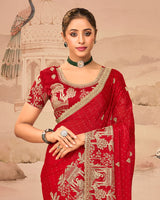 Crimson Red Designer Fancy Satin Saree With Zari Embroidery-Diamond Work And Cut Work Border