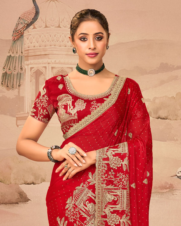 Crimson Red Designer Fancy Satin Saree With Zari Embroidery-Diamond Work And Cut Work Border
