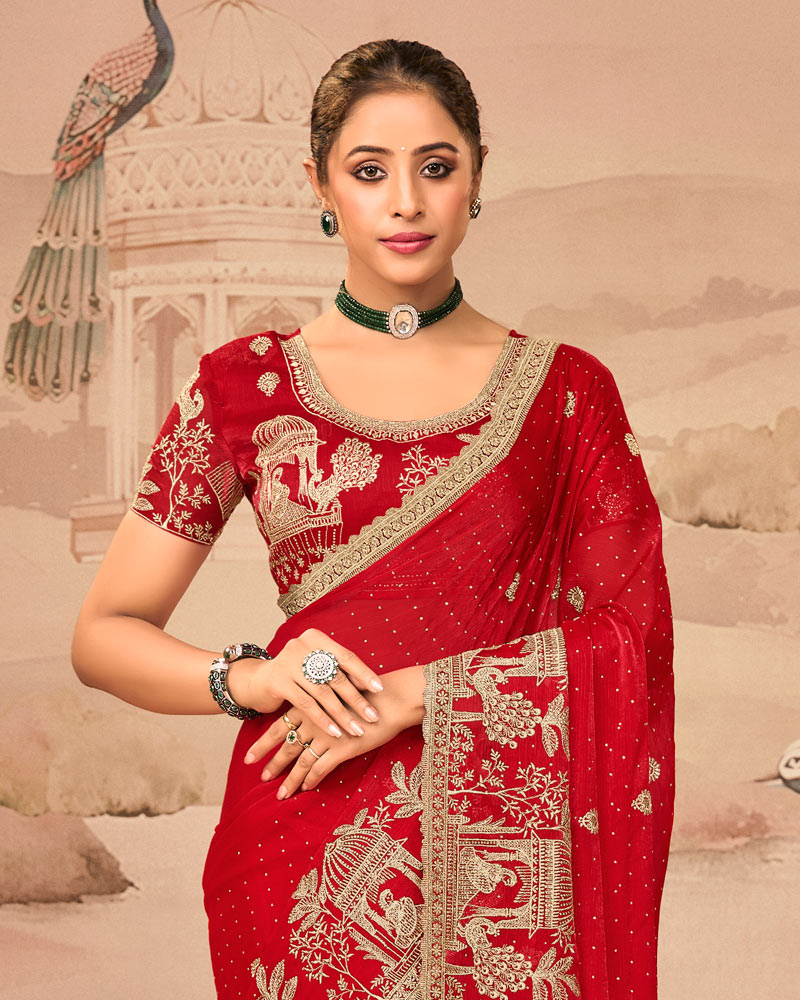 Crimson Red Designer Fancy Satin Saree With Zari Embroidery-Diamond Work And Cut Work Border