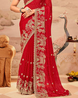 Crimson Red Designer Fancy Satin Saree With Zari Embroidery-Diamond Work And Cut Work Border