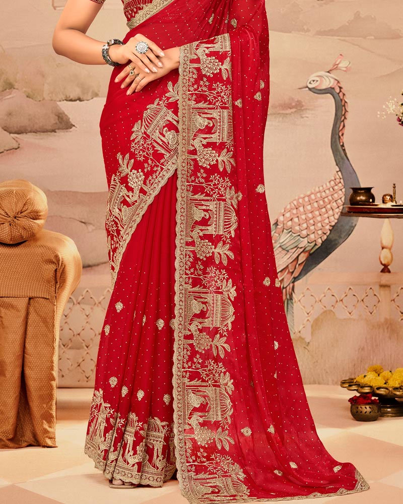 Crimson Red Designer Fancy Satin Saree With Zari Embroidery-Diamond Work And Cut Work Border