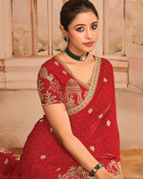 Crimson Red Designer Fancy Satin Saree With Zari Embroidery-Diamond Work And Cut Work Border