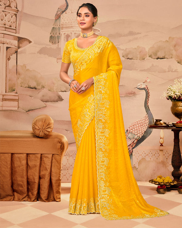 Sunrise Yellow Designer Fancy Satin Saree With Zari Embroidery-Diamond Work And Cut Work Border