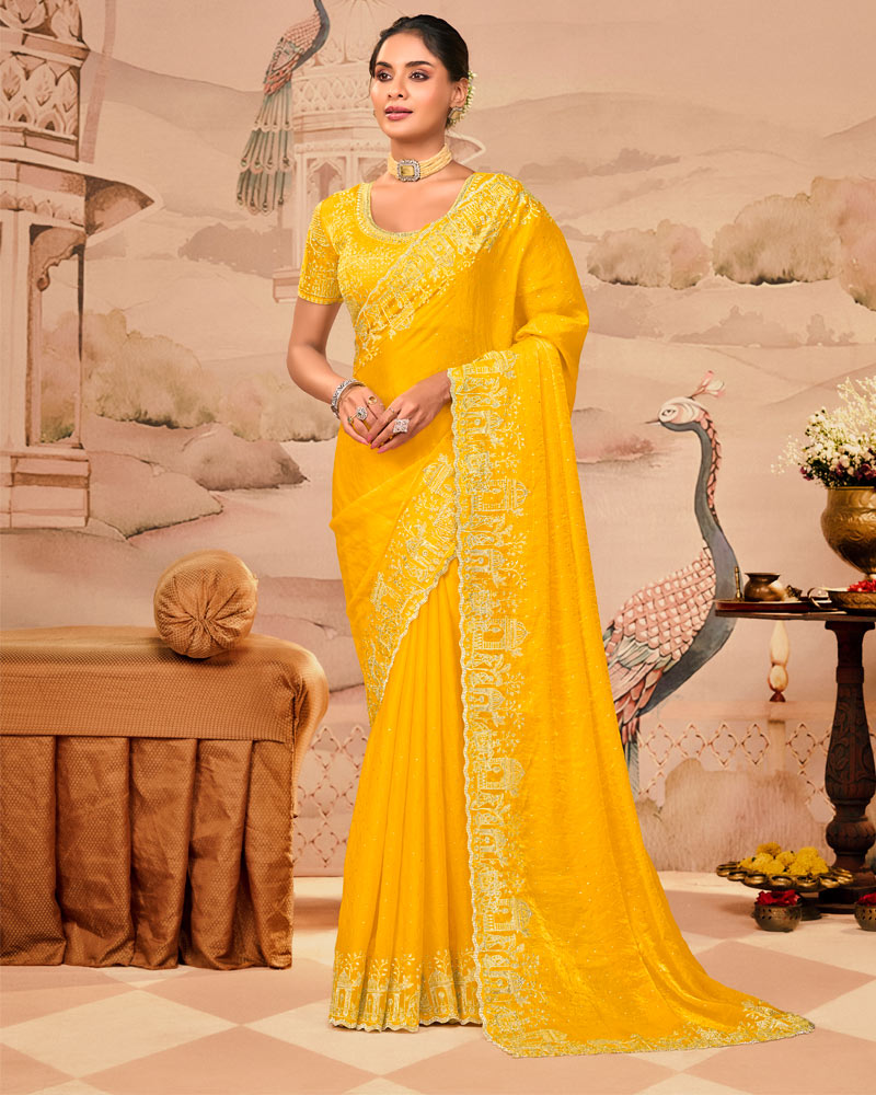 Sunrise Yellow Designer Fancy Satin Saree With Zari Embroidery-Diamond Work And Cut Work Border