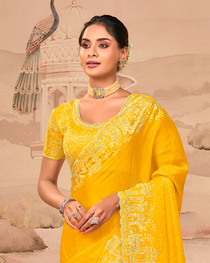 Sunrise Yellow Designer Fancy Satin Saree With Zari Embroidery-Diamond Work And Cut Work Border