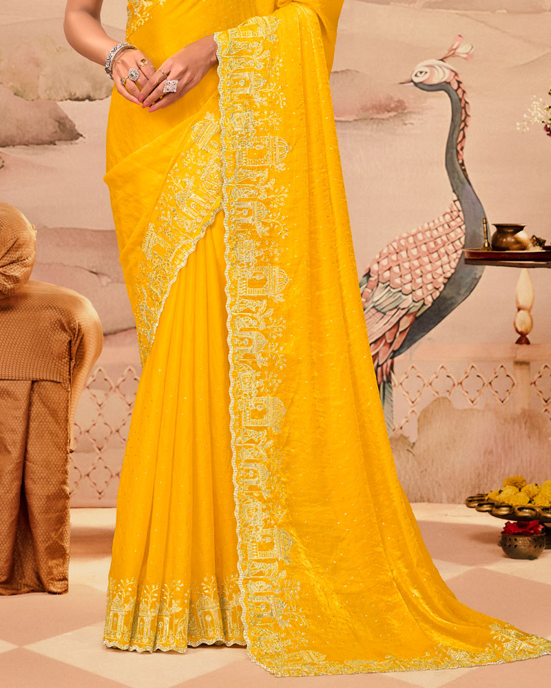 Sunrise Yellow Designer Fancy Satin Saree With Zari Embroidery-Diamond Work And Cut Work Border