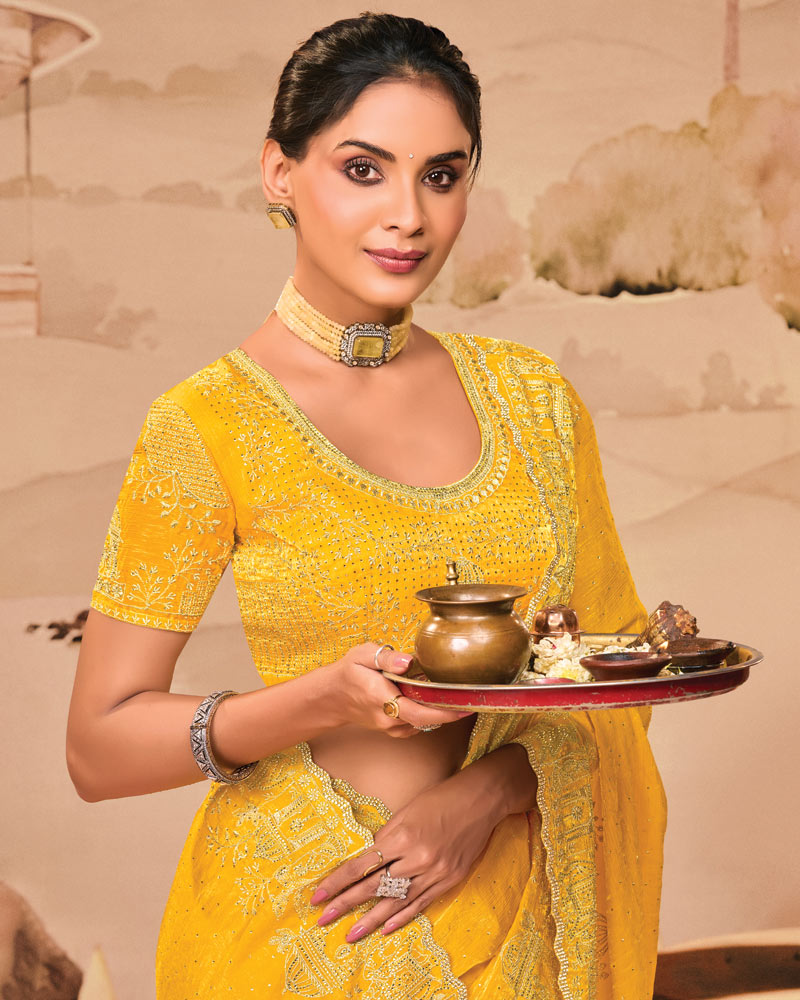 Sunrise Yellow Designer Fancy Satin Saree With Zari Embroidery-Diamond Work And Cut Work Border