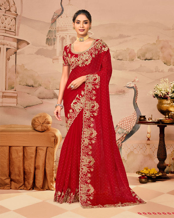 Crimson Red Designer Fancy Satin Saree With Zari Embroidery-Diamond Work And Cut Work Border