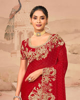 Crimson Red Designer Fancy Satin Saree With Zari Embroidery-Diamond Work And Cut Work Border