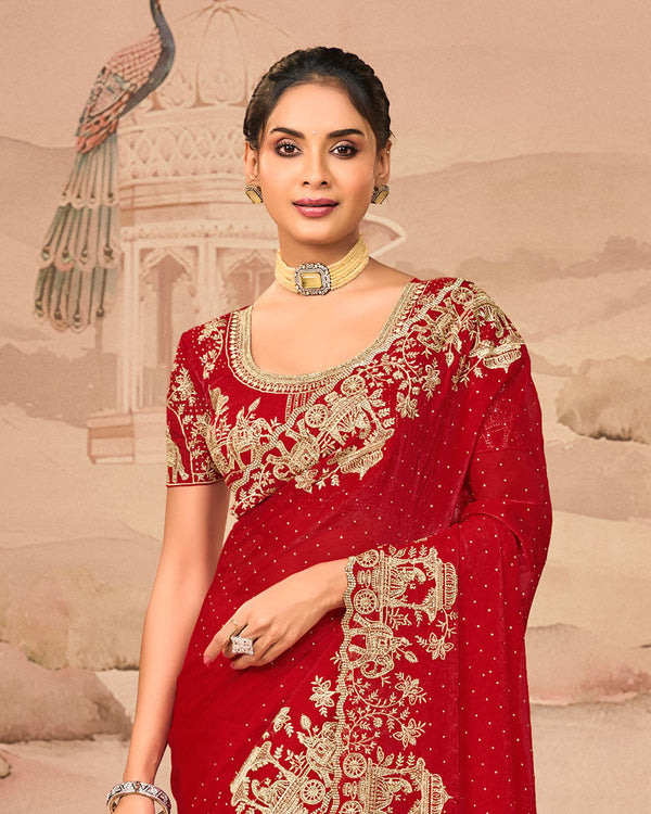 Crimson Red Designer Fancy Satin Saree With Zari Embroidery-Diamond Work And Cut Work Border