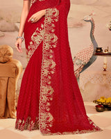 Crimson Red Designer Fancy Satin Saree With Zari Embroidery-Diamond Work And Cut Work Border