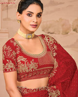 Crimson Red Designer Fancy Satin Saree With Zari Embroidery-Diamond Work And Cut Work Border