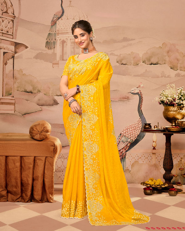 Sunrise Yellow Designer Fancy Satin Saree With Zari Embroidery-Diamond Work And Cut Work Border