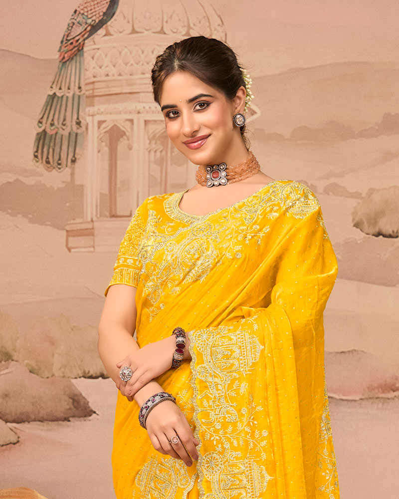 Sunrise Yellow Designer Fancy Satin Saree With Zari Embroidery-Diamond Work And Cut Work Border
