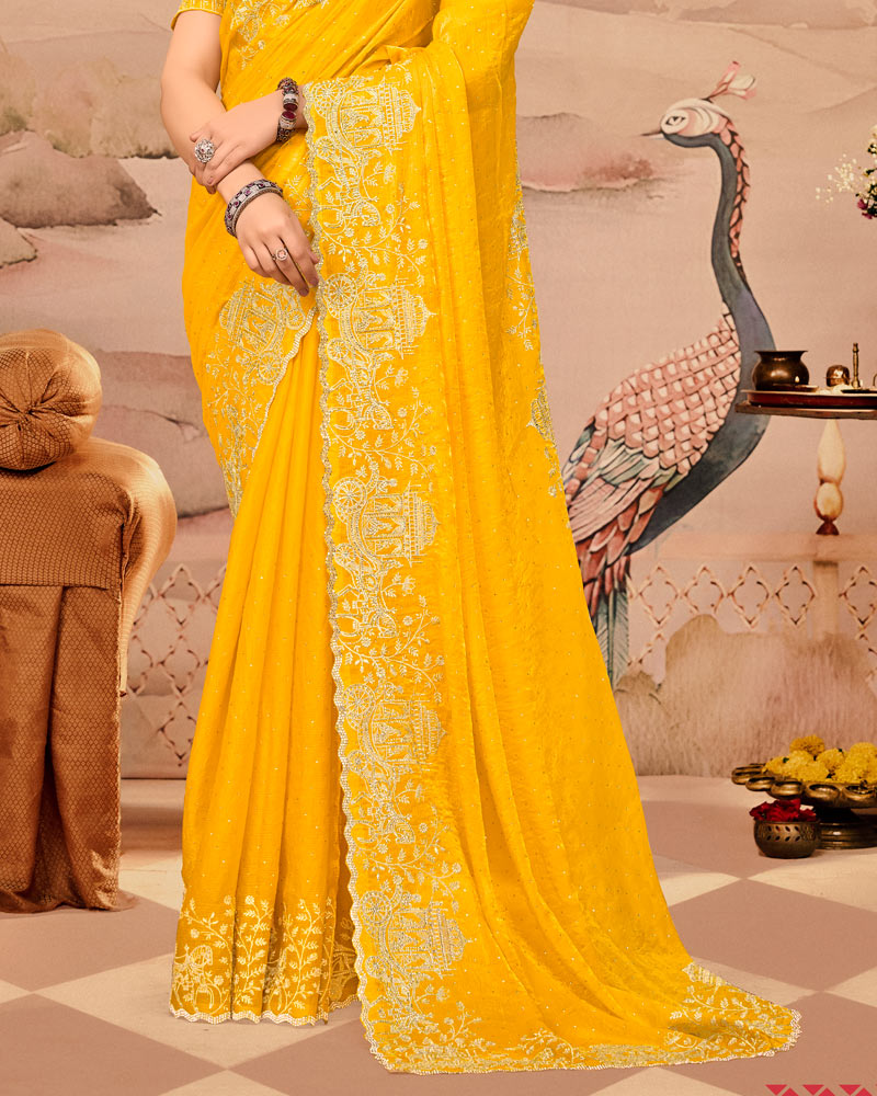Sunrise Yellow Designer Fancy Satin Saree With Zari Embroidery-Diamond Work And Cut Work Border