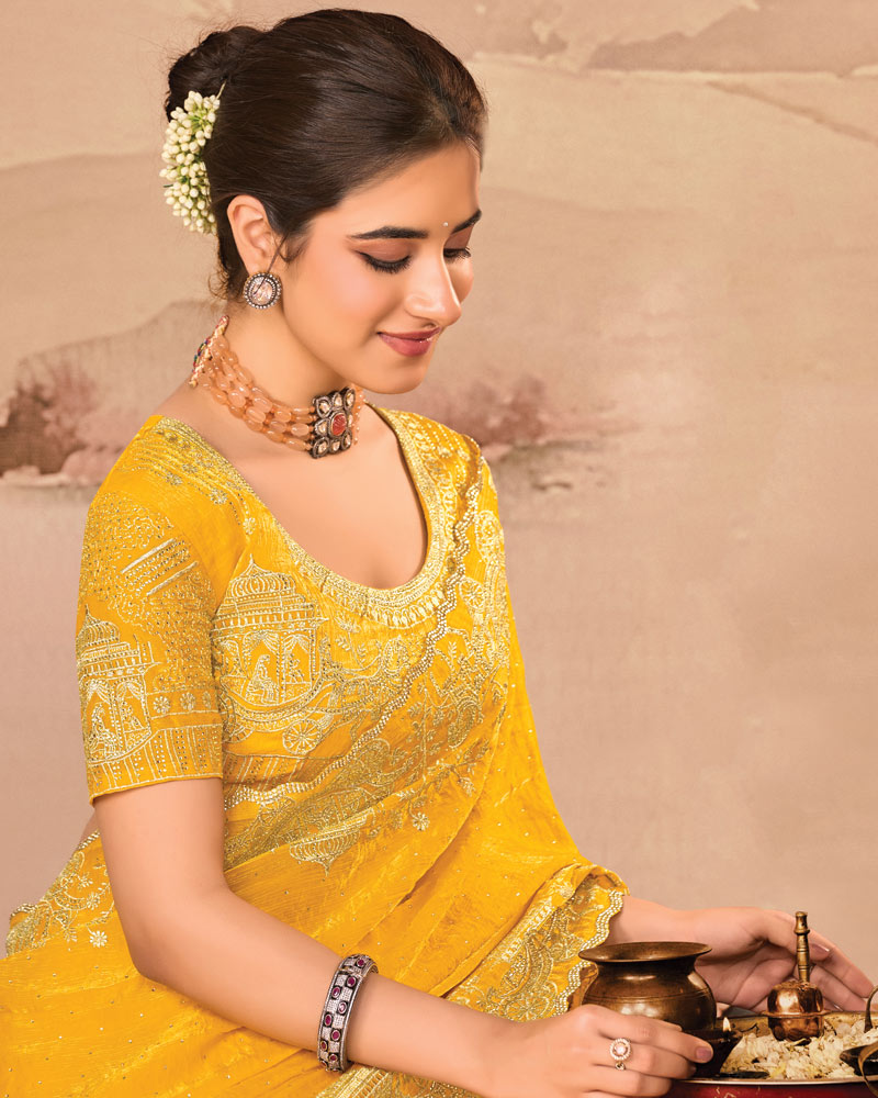 Sunrise Yellow Designer Fancy Satin Saree With Zari Embroidery-Diamond Work And Cut Work Border