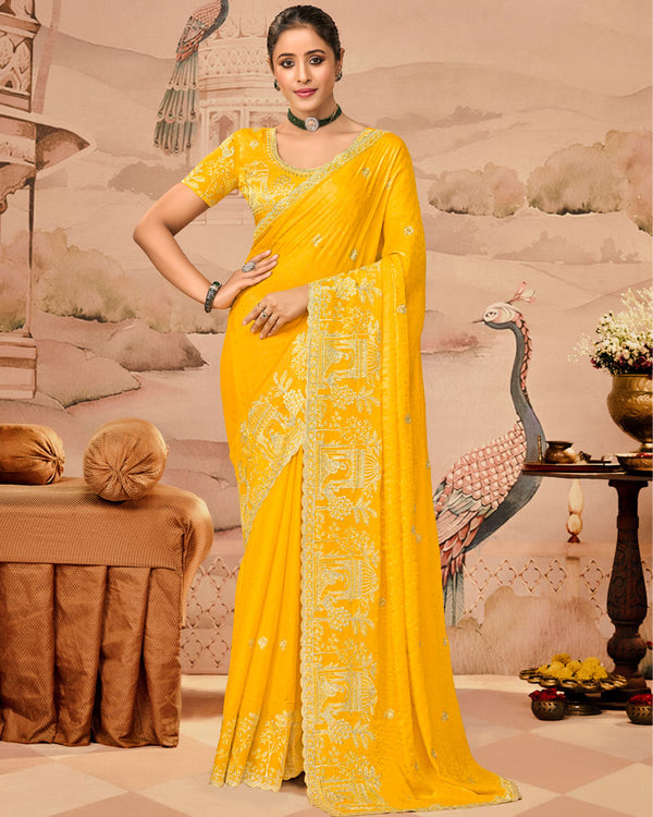 Sunrise Yellow Designer Fancy Satin Saree With Zari Embroidery-Diamond Work And Cut Work Border