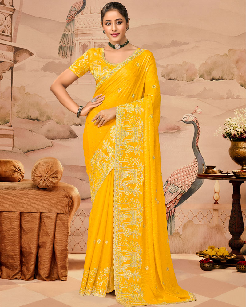 Sunrise Yellow Designer Fancy Satin Saree With Zari Embroidery-Diamond Work And Cut Work Border