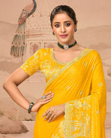 Sunrise Yellow Designer Fancy Satin Saree With Zari Embroidery-Diamond Work And Cut Work Border