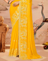 Sunrise Yellow Designer Fancy Satin Saree With Zari Embroidery-Diamond Work And Cut Work Border