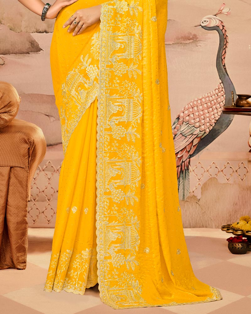 Sunrise Yellow Designer Fancy Satin Saree With Zari Embroidery-Diamond Work And Cut Work Border