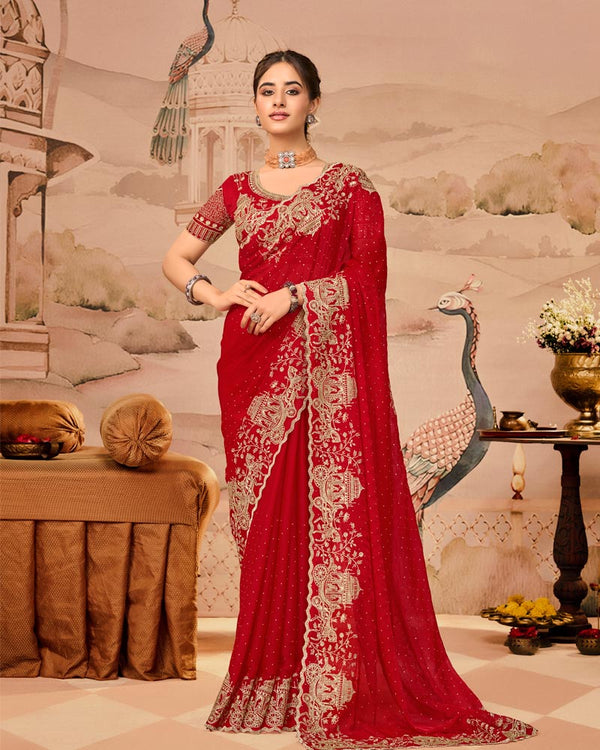 Crimson Red Designer Fancy Satin Saree With Zari Embroidery-Diamond Work And Cut Work Border