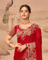 Crimson Red Designer Fancy Satin Saree With Zari Embroidery-Diamond Work And Cut Work Border