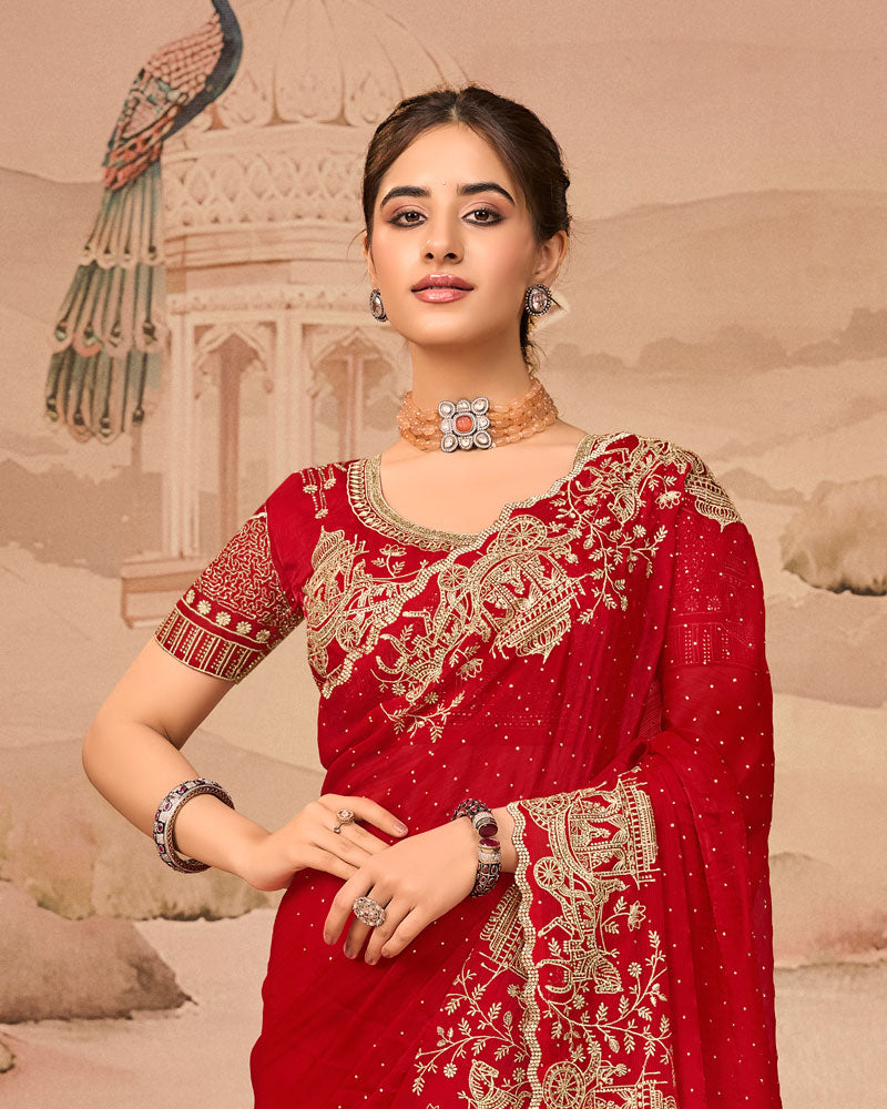 Crimson Red Designer Fancy Satin Saree With Zari Embroidery-Diamond Work And Cut Work Border