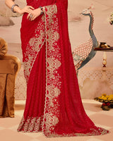 Crimson Red Designer Fancy Satin Saree With Zari Embroidery-Diamond Work And Cut Work Border