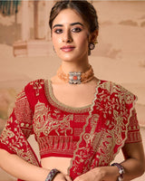 Crimson Red Designer Fancy Satin Saree With Zari Embroidery-Diamond Work And Cut Work Border