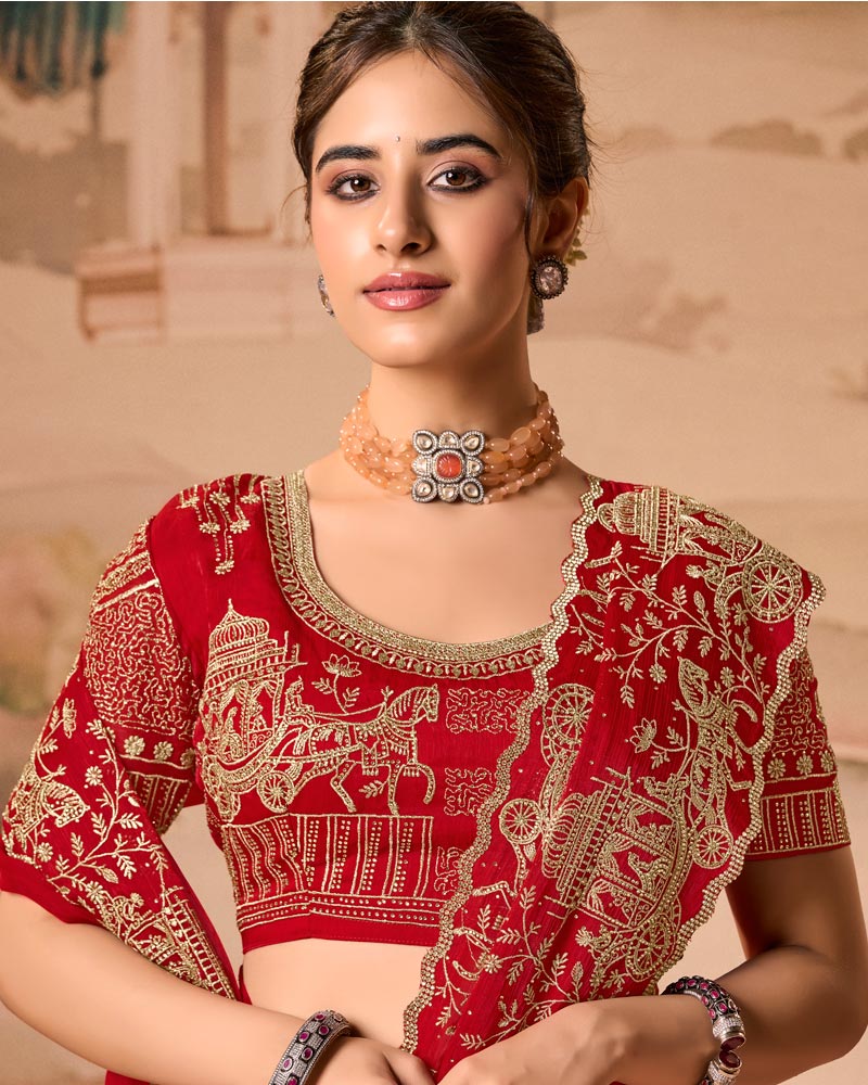 Crimson Red Designer Fancy Satin Saree With Zari Embroidery-Diamond Work And Cut Work Border