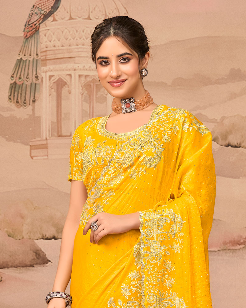 Sunrise Yellow Designer Fancy Satin Saree With Zari Embroidery-Diamond Work And Cut Work Border