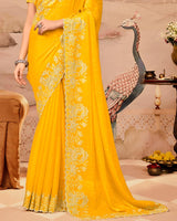 Sunrise Yellow Designer Fancy Satin Saree With Zari Embroidery-Diamond Work And Cut Work Border