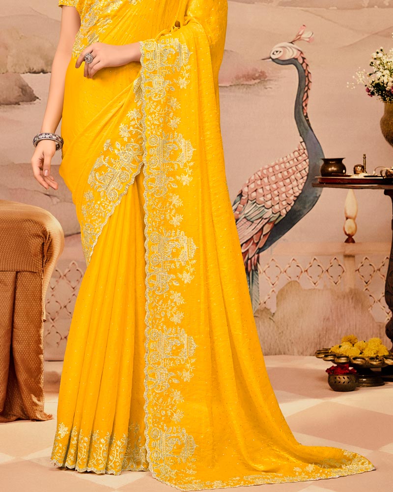 Sunrise Yellow Designer Fancy Satin Saree With Zari Embroidery-Diamond Work And Cut Work Border