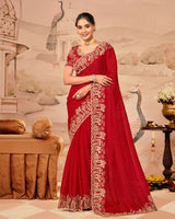 Crimson Red Designer Fancy Satin Saree With Zari Embroidery-Diamond Work And Cut Work Border