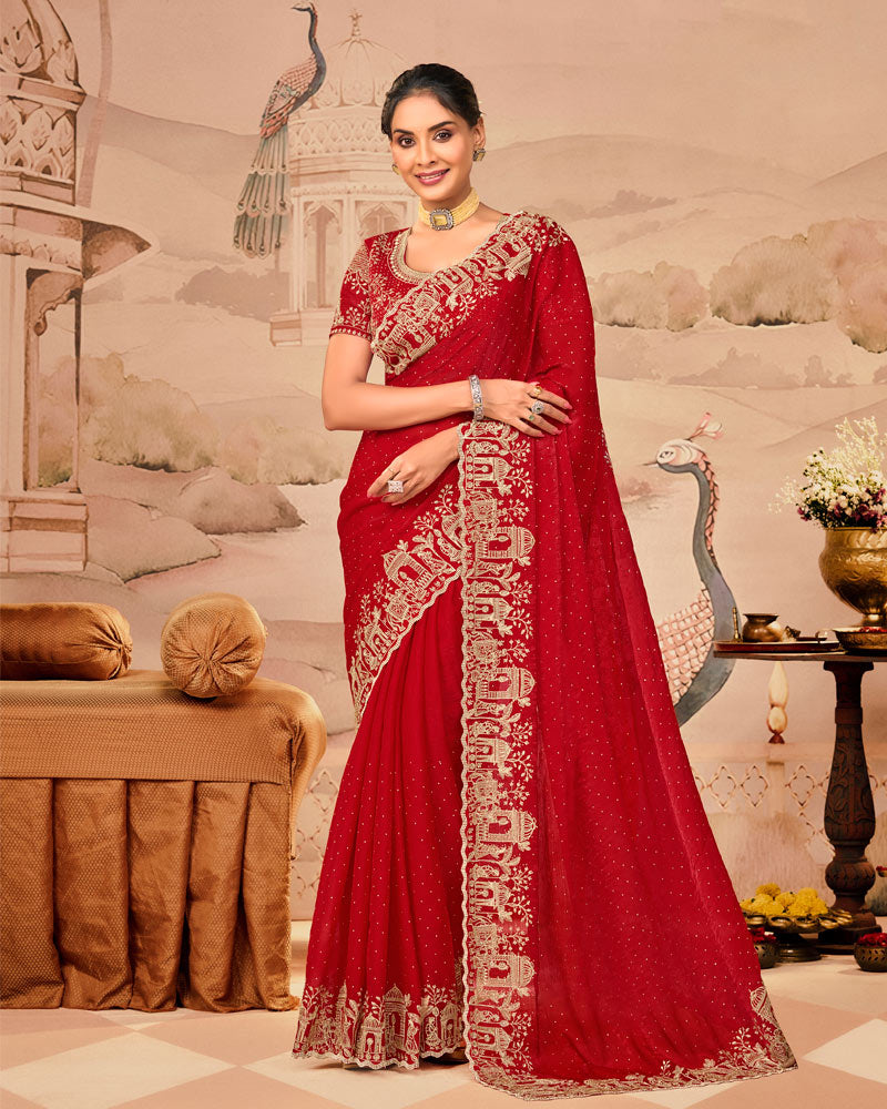 Crimson Red Designer Fancy Satin Saree With Zari Embroidery-Diamond Work And Cut Work Border