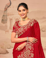 Crimson Red Designer Fancy Satin Saree With Zari Embroidery-Diamond Work And Cut Work Border