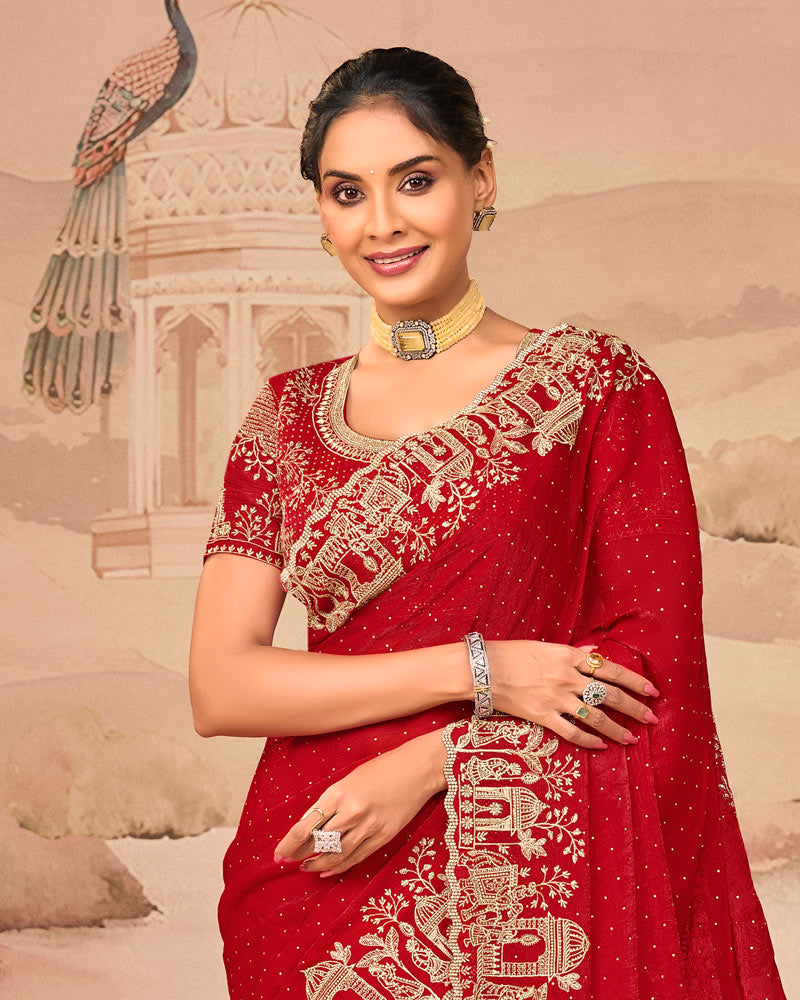 Crimson Red Designer Fancy Satin Saree With Zari Embroidery-Diamond Work And Cut Work Border
