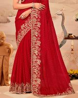 Crimson Red Designer Fancy Satin Saree With Zari Embroidery-Diamond Work And Cut Work Border