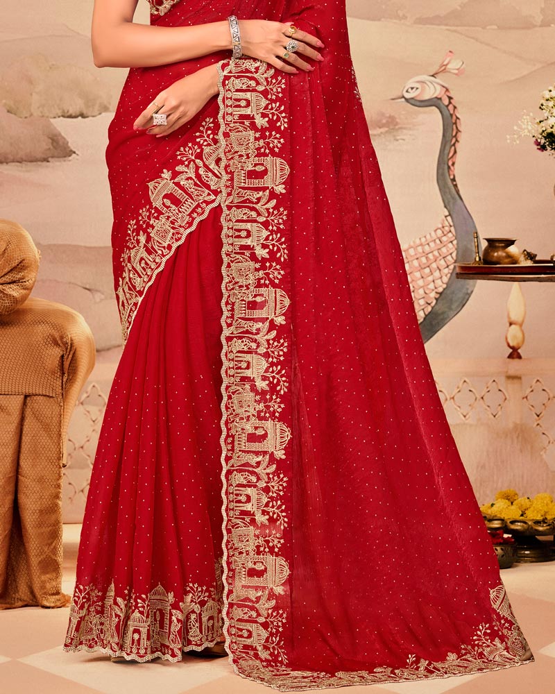 Crimson Red Designer Fancy Satin Saree With Zari Embroidery-Diamond Work And Cut Work Border