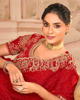 Crimson Red Designer Fancy Satin Saree With Zari Embroidery-Diamond Work And Cut Work Border
