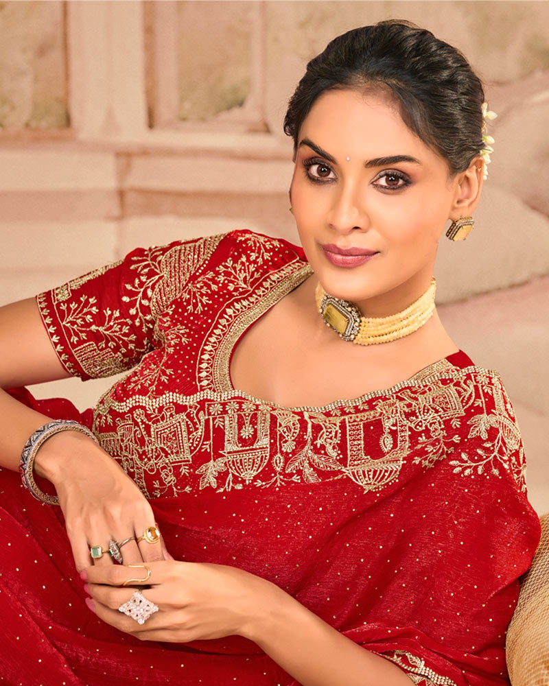 Crimson Red Designer Fancy Satin Saree With Zari Embroidery-Diamond Work And Cut Work Border