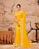 Sunrise Yellow Designer Fancy Satin Saree With Zari Embroidery-Diamond Work And Cut Work Border