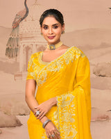 Sunrise Yellow Designer Fancy Satin Saree With Zari Embroidery-Diamond Work And Cut Work Border